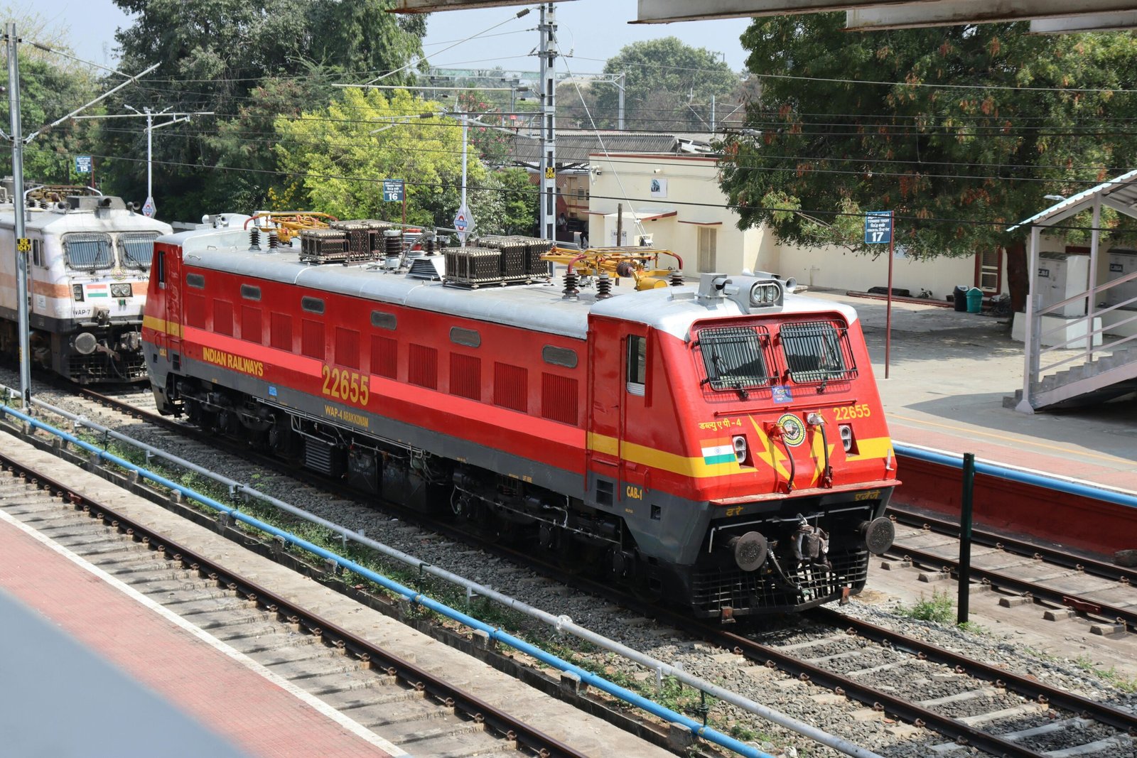 Indian train locomotive at Dindigul Station, a busy hub in Tamil Nadu, India.