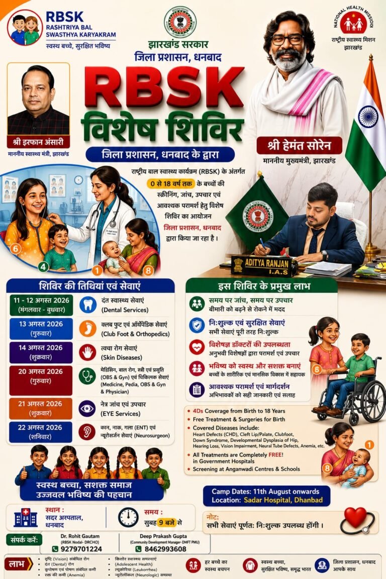 धनबाद सदर अस्पताल में RBSK विशेष शिविर शुरू, 0 से 18 वर्ष तक के बच्चों को मिलेगी निःशुल्क स्वास्थ्य सुविधा