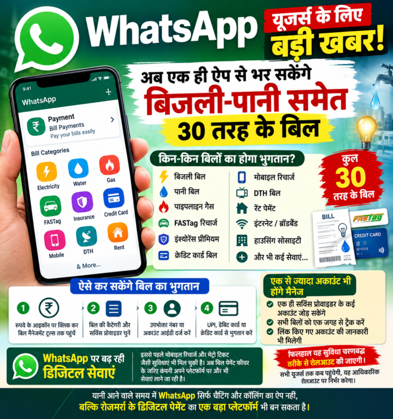 WhatsApp यूजर्स के लिए बड़ी खबर! अब एक ही ऐप से भर सकेंगे बिजली-पानी समेत 30 तरह के बिल